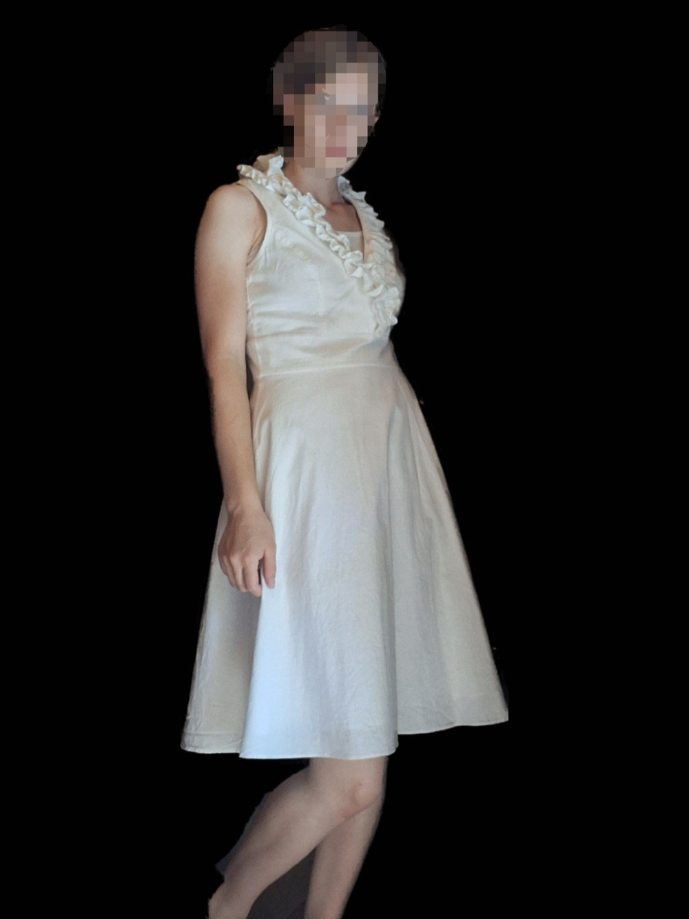 100% Cotton Retro White House Black Market White Ruffle Neck Knee Leng Dress